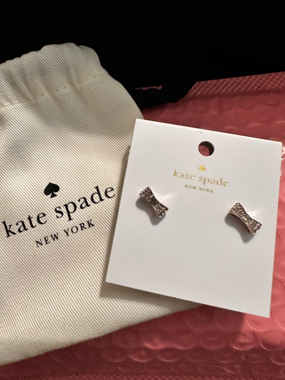 NWT Kate Spade Ready Set Bow Pave Bow Studs, Clear/Rose Gold - Picture 7 of 8